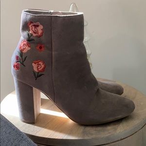 Tan Brown Embroidered Block Heel Booties